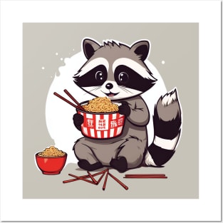 Cute Raccoon Eating Instant Noodle Cup Posters and Art